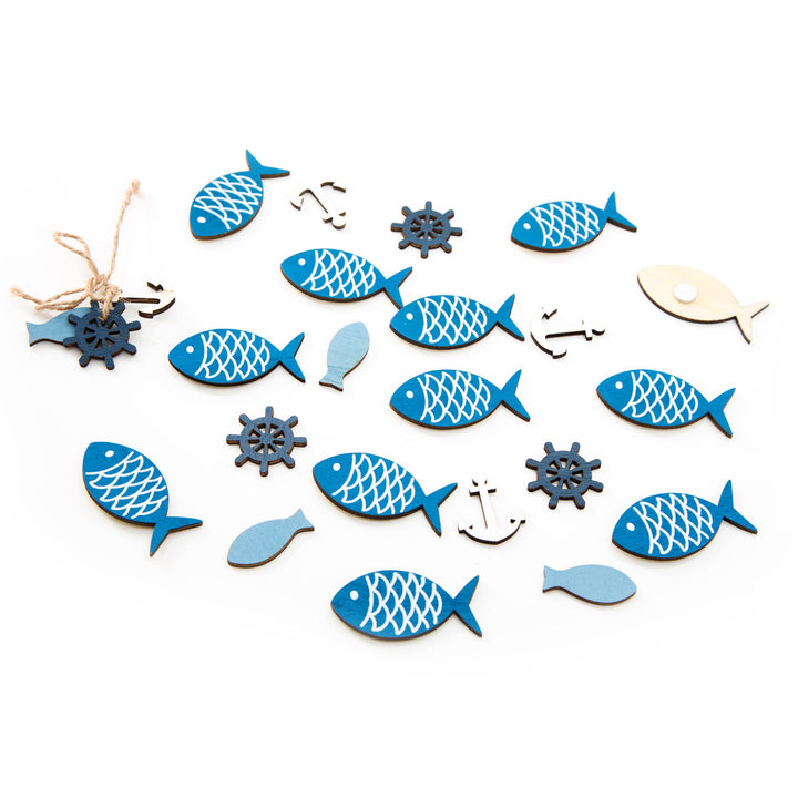 Deko Set aus Holz blau weiß - 12 kleine Fische mit Klebepunkt & 12 Fische auf Klammer - 5,0 + 5,5 cm