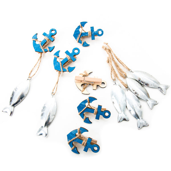 2 maritime Holzfische - 13 x 6 cm + 10 x 5 cm - blau weiß natur zum Hinstellen