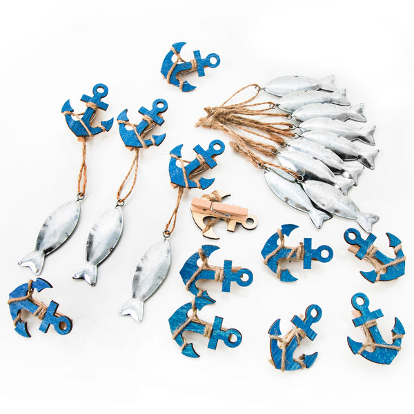 SET Tisch-Deko 8 Teile maritim: 6 Stück kleine blaue Deko-KLAMMERN FISCHE + 2 Deko Holz-FISCHE zum Hinstellen 13 x 6 + 10 x 5 cm als Dekoration zur Taufe oder als Tischschmuck zum Kinder-Geburtstag