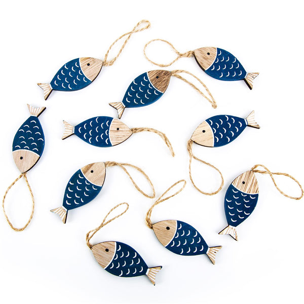 Mini Fisch Anhänger aus Holz in blau natur maritim 6 cm groß zum Aufhängen - 10 Stück - Foto 1