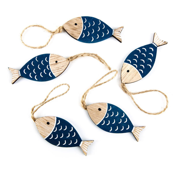 Mini Fisch Anhänger aus Holz in blau natur 6 cm groß zum Aufhängen - 5 Stück - Foto 1