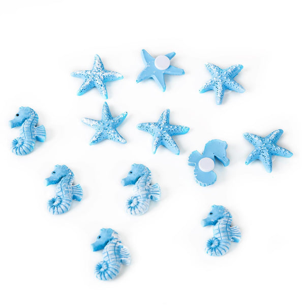 12 maritime Streuteile in 2,5 cm - 6 blaue Seepferdchen + 6 blaue Sterne - mit Klebepunkt - Foto 1