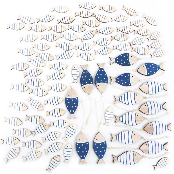 72 Mini Streudeko Fische 4 cm + 16 Fische Anhänger 7 cm blau weiß Natur - Foto 1