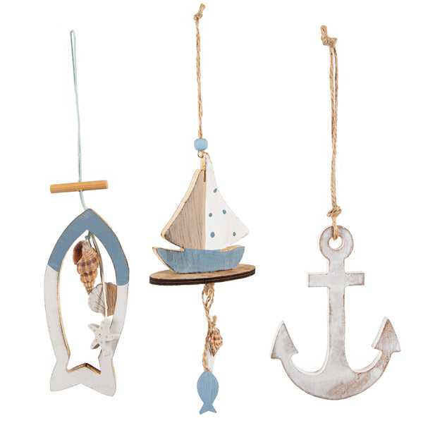 3 maritime Anhänger Anker + Seestern Fisch - zum Aufhängen aus Holz in weiß + grau + blau - Foto 1