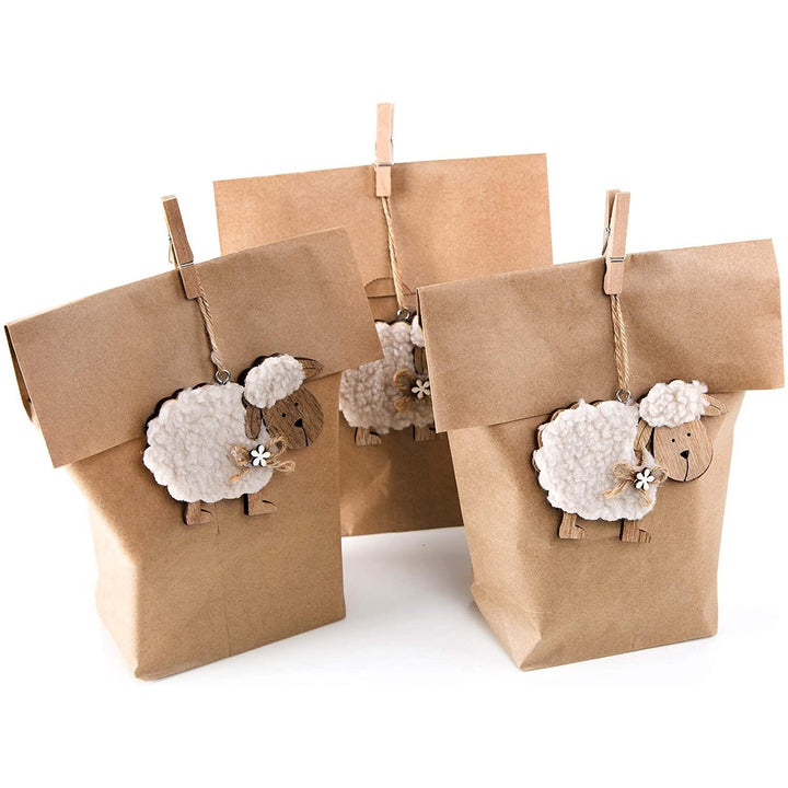 SET Osterverpackung: 3 Papiertüte braun 16,5 x 26 cm + 3 Schafe Holz Ostern Anhänger Geschenkanhänger Osternest für Kinder Geschenke Osterdeko - Foto 1