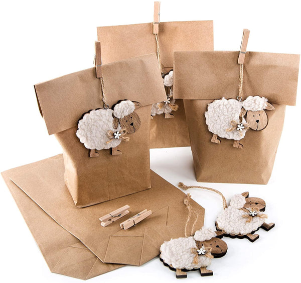 SET Ostern Verpackung: 3 Papiertüte braun 14 x 22 cm + 3 weiße Osterhasen Anhänger Osterdeko Hänger Osternest Kinder give-away Kunden Osterhänger