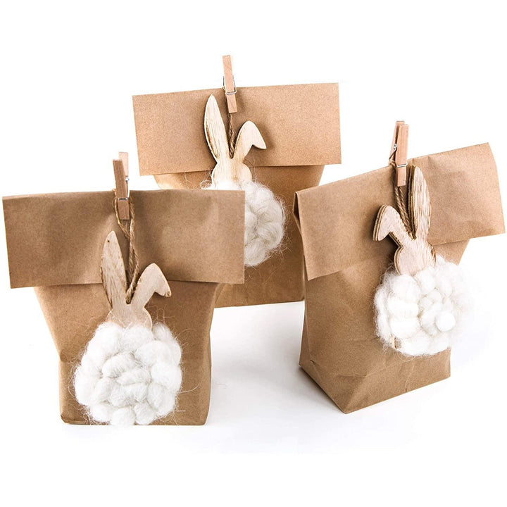 Set Ostern Verpackung: 6 Papiertüte braun 14 x 22 cm + 6 weiße Osterhasen Anhänger Osterdeko Hänger Osternest Kinder give-Away Kunden Osterhänger - Foto 1