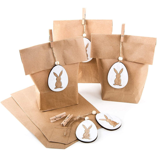 10 x kleine Osternest Verpackung Ostertüte Papier + 10 Osteranhänger Osterhase Frohe Ostern Hänger Deko Anhänger Osterdeko Natur braune Papiertüten mit Boden - Foto 1