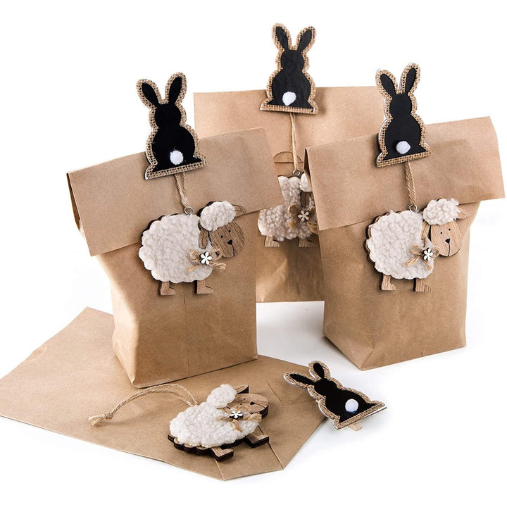 4er Set Ostern Verpackung: Papierbeutel braun 16 x 26 cm + Osterhase Klammer schwarz + Schaf Anhänger Holz für Kinder als Nest Osterdeko Kunden give-Away - Foto 1