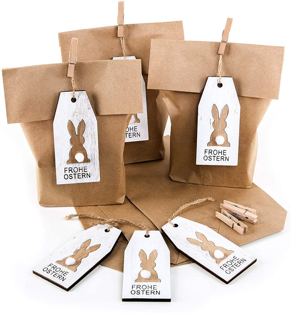 Logbuch-Verlag Set Osterverpackung: 5 Papiertüte braun 16,5 x 26 cm + 5 Schafe Holz Ostern Anhänger Geschenkanhänger Osternest für Kinder Geschenke Osterdeko