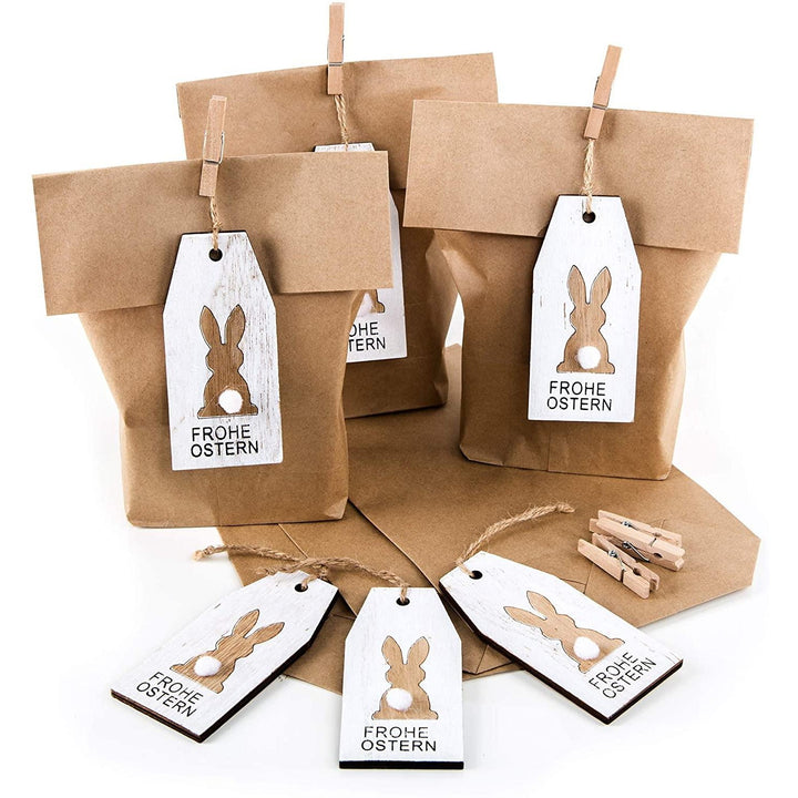 6 x Osternest Tüte aus Papier aus Papierbeuteln mit Osteranhänger Hase Holz Geschenkanhänger als Verpackung für Ostergeschenke - Kinder Mitarbeiter Kunde - Foto 1