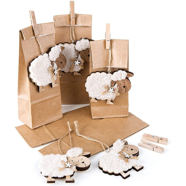 5 x kleine Ostertüte Kraftpapier braun Beschichtung 7 x 4 x 20,5 cm Ostern Verpackung + Schaf Holzanhänger Klammer Osternest Kinder Geschenk Osterdeko Kunden Give-Away Deko - Foto 1