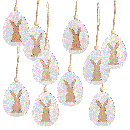 10 Holz Osteranhänger Osterei Osterdeko Osterhase Holz 7 cm mit Schnur zum Aufhängen Weiss braun Natur Osterhänger Ostern Deko Geschenkanhänger - Foto 1