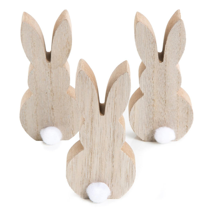 3 Osterhasen aus Holz mit Puschel natur weiß - Vintage Osterdeko Landhausstil - Foto 1