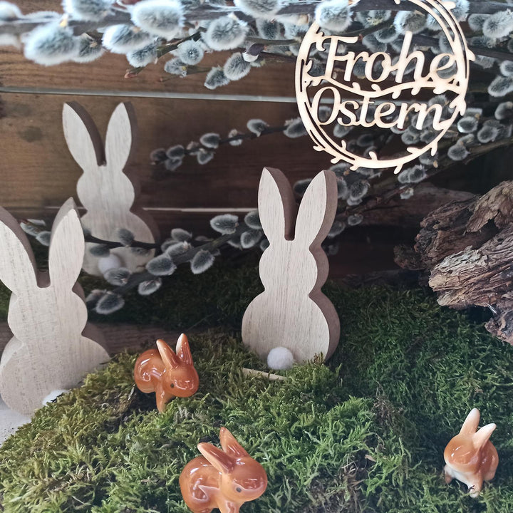 3 Osterhasen aus Holz mit Puschel natur weiß - Vintage Osterdeko Landhausstil - Foto 2