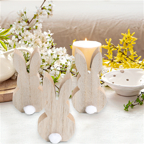 3 Osterhasen aus Holz mit Puschel natur weiß - Vintage Osterdeko Landhausstil - Foto 4
