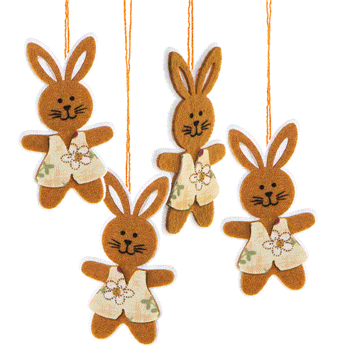 6 kleine Holz Osterhasen 6,5 cm gelb türkis grün rosa - Osteranhänger mit Schnur + Glöckchen