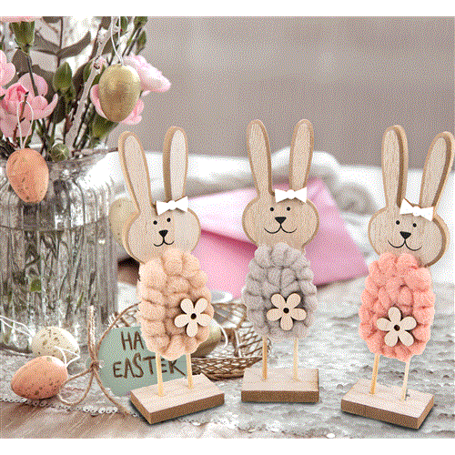 6 große Osterhasen Figuren 22 cm aus Holz zum Hinstellen - Frühlingsdeko Osterdeko Geschenk Ostern Natur rosa beige - Foto 2