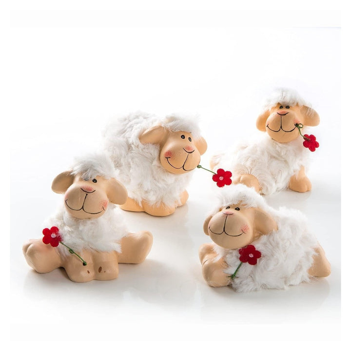 4 Schafe weiß braun mit Blume 9 cm - Schäfchen Figuren als Osterdeko - Foto 1