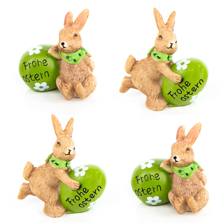 4 kleine Osterhasen Figuren auf Ostereiern mit Text FROHE OSTERN - braun grün - Foto 1