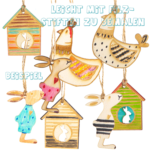 Osterdeko Set - 12 Holzanhänger zu Ostern Häuschen + Hase + Huhn