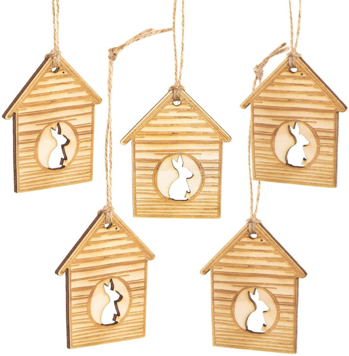 Logbuch-Verlag Osterdeko Set - 6 Osteranhänger aus Holz Häuschen + Hase + Huhn - Osterschmuck Osterstrauch dekorieren