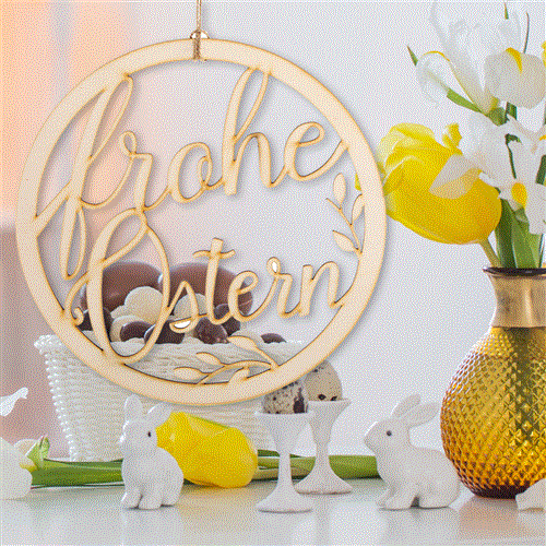 Türkranz "Frohe Ostern" aus Holz rund 24 cm - Osterkranz natur als Türschmuck - Foto 3