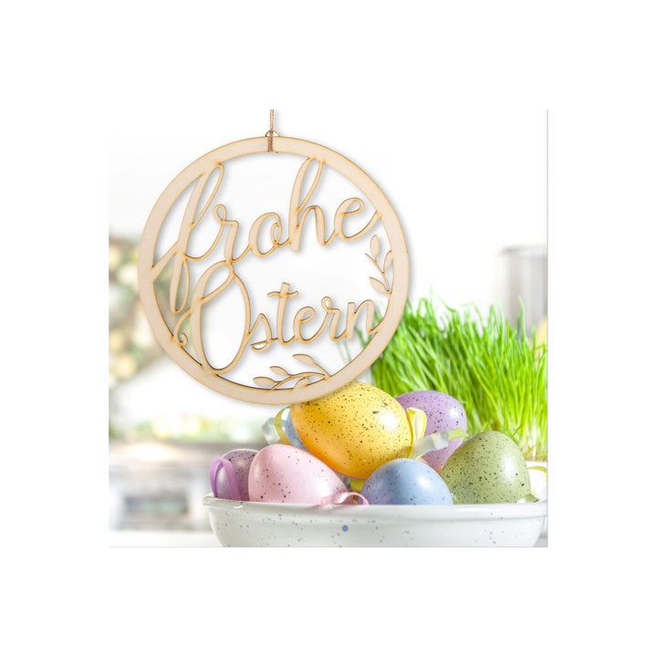 Türkranz "Frohe Ostern" aus Holz rund 24 cm - Osterkranz natur als Türschmuck - Foto 9