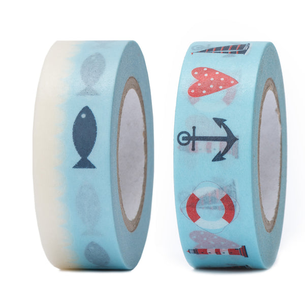 SET 2 x 1 Rolle Masking-Tape blau rot weiß türkis Fisch Schiffs-Anker Herz Leuchtturm Boot Klebe-Band selbstklebend hell-blau maritim 1,5 cm x 10 m washi Band - Foto 1