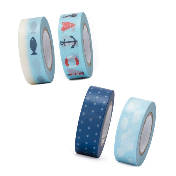 SET 4 x 1 Rolle Masking-Tape blau rot weiß türkis Fisch maritim Wolken Anker Herz Schiff Leuchtturm selbstklebend hell-blau maritim 1,5 cm x 10 m washi Band Klebestreifen - Foto 1
