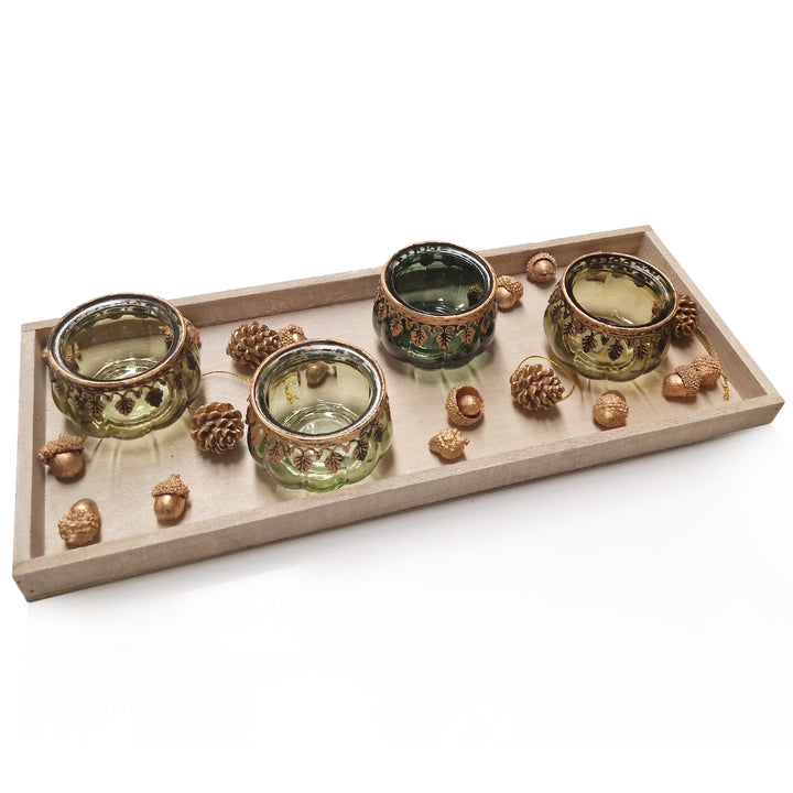 Logbuch-Verlag herbstliches Deko Geschenkset für Frauen Kerzentablett mit 3 Teelichtgläsern und goldenen Eicheln zum Geburtstag 36 x 13 x 11 cm