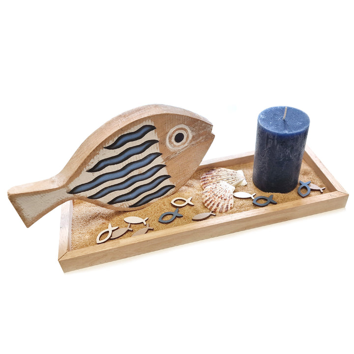 Logbuch-Verlag Sommerliches Deko Geschenk zum Geburtstag mit Segelboot Teelichtglas Fisch auf einem Holztablett 45 x 22 cm