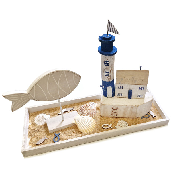 Deko Set mit Fisch und Kerze auf Tablett - mit Sand & Muscheln 40 x 30 cm