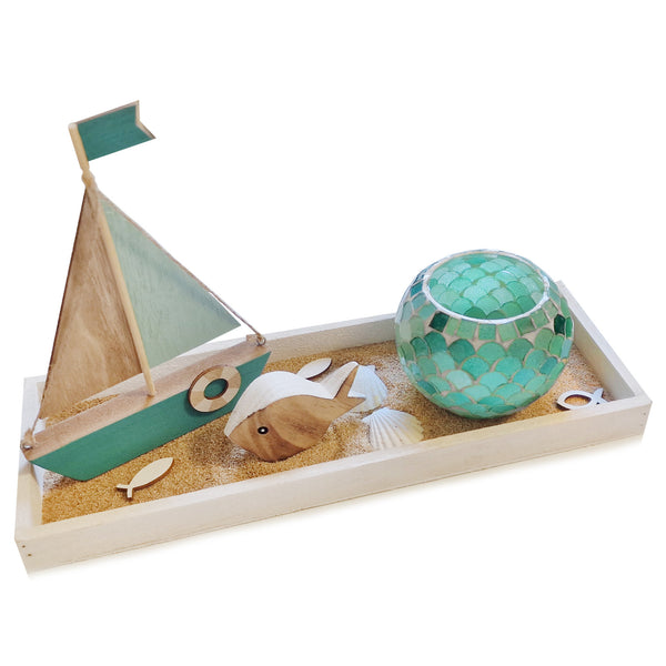 Geschenk im maritimen Stil mit Fischen und Muscheln 45 x 18 x 21 cm blau türkis
