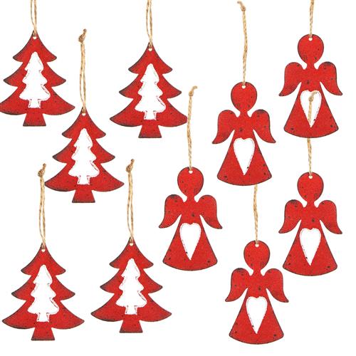 Weihnachtsanhänger Set - 5 Engel + 5 Bäume rot aus Metall - Geschenkanhänger Weihnachten - Foto 1