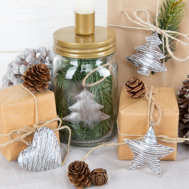 Weihnachtsanhänger Set 3 x 3 silberfarbene Anhänger Baum + Stern + Herz aus Metall - Foto 2