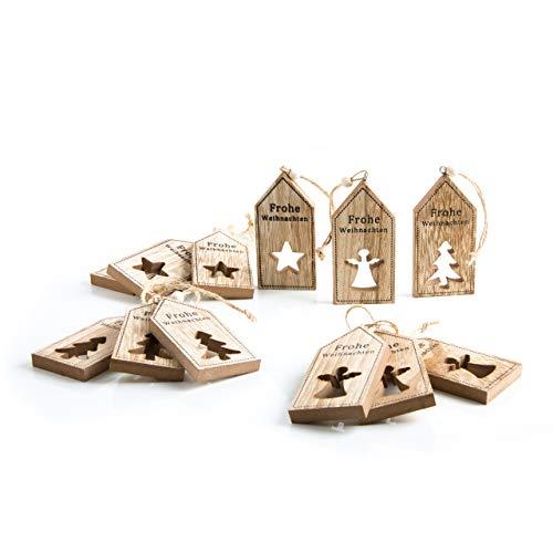 12 Holzanhänger FROHE WEIHNACHTEN braun Geschenk-Anhänger STERN ENGEL BAUM 5 x 10 cm Verpackung Weihnachtsanhänger Holz natur Text Holztafel Weihnachtsdeko - Foto 1