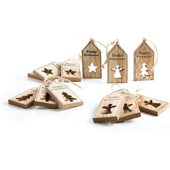 24 Holzanhänger FROHE WEIHNACHTEN STERN ENGEL BAUM 5 x 10 cm Geschenkanhänger Verpackung weihnachtlich Anhänger Holztafel braun natur Weihnachts-Deko Verzierung - Foto 1