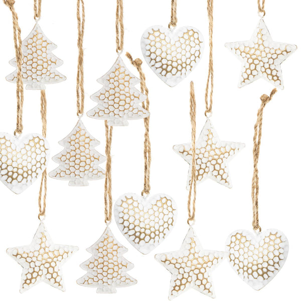 12 kleine Weihnachtsanhänger weiß gold - Bäume Sterne Herzen 4 cm aus Metall - Foto 1