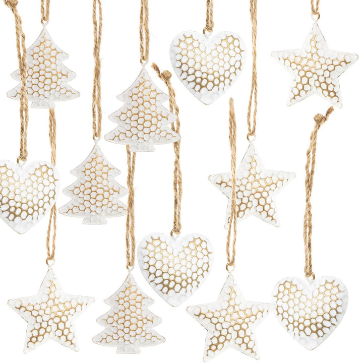 12 kleine Weihnachtsanhänger weiß gold - Bäume Sterne Herzen 4 cm aus Metall - Foto 1