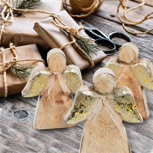 Holzengel zum Hinstellen - Engel Figur aus Mangoholz braun gold - Foto 2