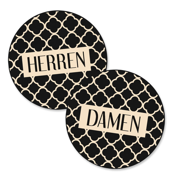 Badezimmer Türschild beige schwarz Set „Damen“ + „Herren“ + „WC“ (15,5 cm) mit Klebepads