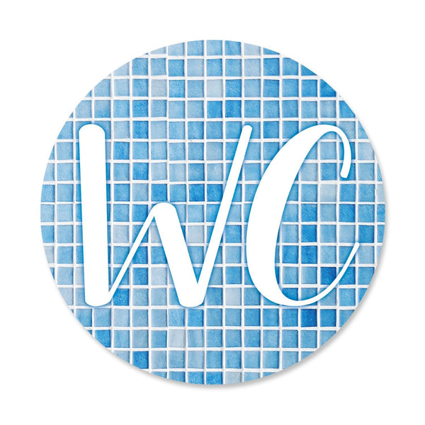 WC-Schild Toiletten-Schild Türschild blau weiß türkis Mosaik-Optik rund 15 cm Durchmesser inkl. Klebepunkte Badezimmer - Foto 1