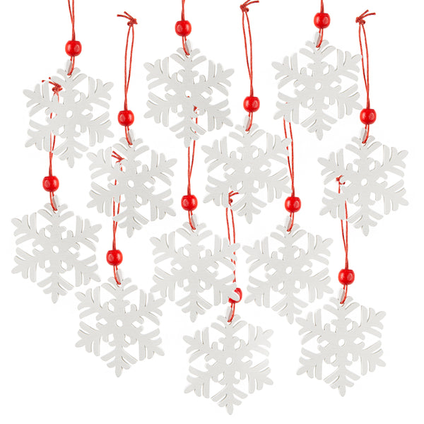 12 kleine Schneeflocken Weihnachtsanhänger aus Holz weiß rot 6,5 cm - Foto 1