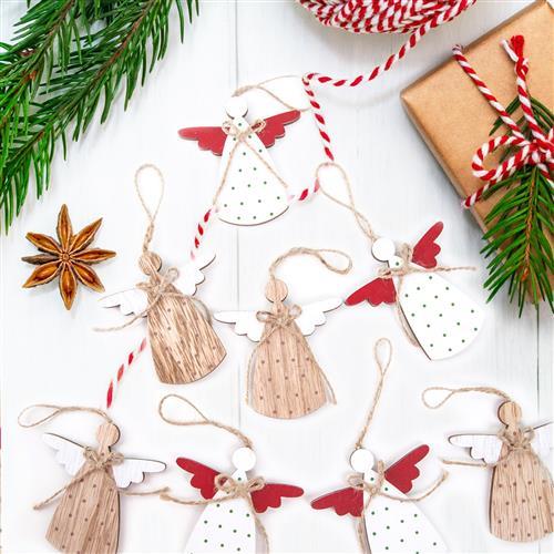 10 Weihnachtsanhänger Set - 2 x 5 natur rot weiße Engel Holzengel mit Schnur - Foto 1