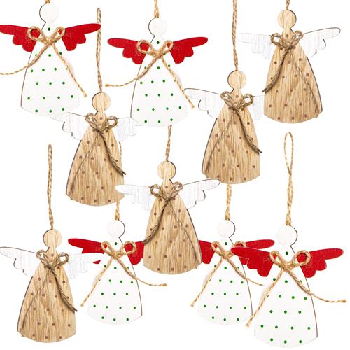 10 Weihnachtsanhänger Set - 2 x 5 natur rot weiße Engel Holzengel mit Schnur - Foto 2