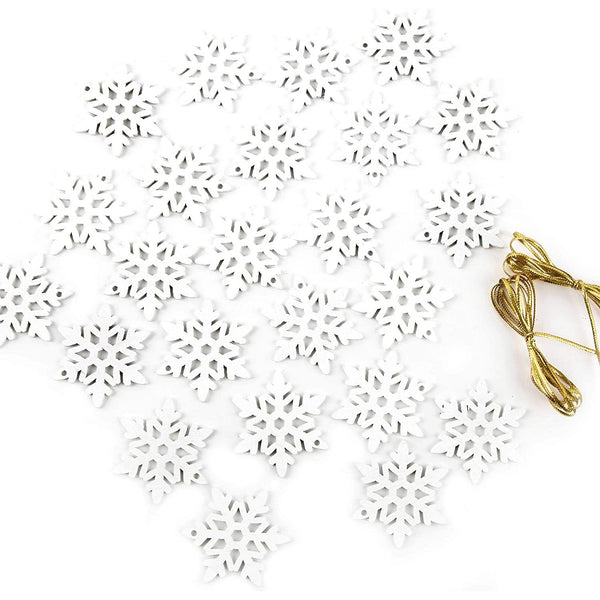24 Schneeflocken Streuteile aus Holz m. Loch + goldene Schnur z. Aufhängen Streudeko Deko Weihnachten Weihnachtsdeko weiß Gold Tisch-deko Geschenk - Foto 1