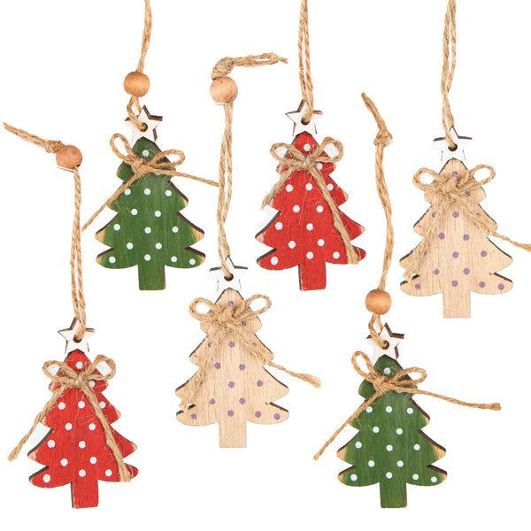 6 kleine Weihnachtsbäume Anhänger Baumschmuck Weihnachten aus Holz rot grün natur - Foto 1