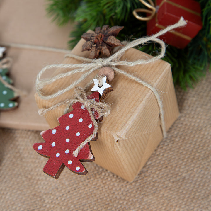 6 kleine Weihnachtsbäume Anhänger Baumschmuck Weihnachten aus Holz rot grün natur - Foto 2