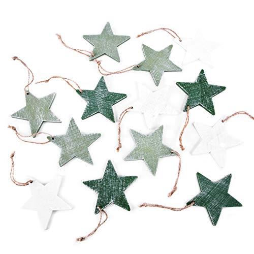 Set mit 12 Holz Sterne Anhänger mit Schnur zum Aufhängen Weiss GRÜN DUNKELGRÜN – Weihnachtsanhänger 7,5 cm Holzsterne als Weihnachten Dekoration Baum - Foto 1